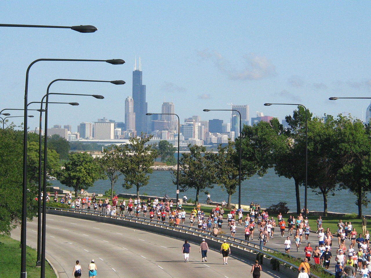 Thousands of marathon runners racing through a city