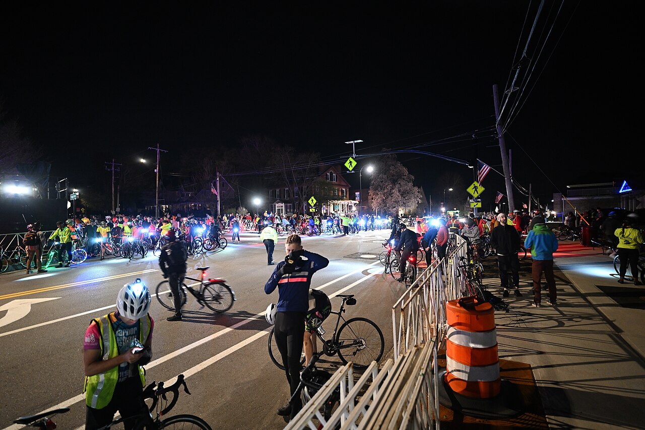 Runners on the Boston Marathon course